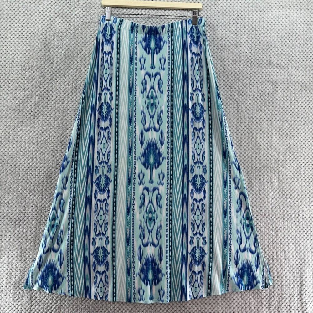 Chicos Skirt Women 1 (8/10) Blue Jersey Stretch Striped Cat Eye Maxi A-Line